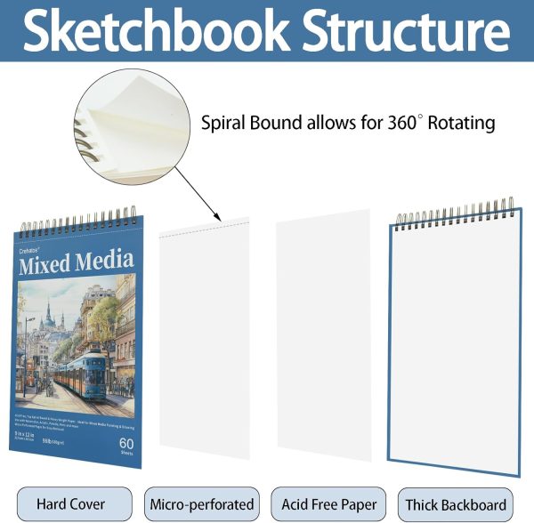 Crehatos Mixed Media Sketchbook 9" x 12", Top Spiral Bound Sketch Pad, 60 Sheets 98lb/160gsm Drawing Paper for Wet and Dry Media, 1 Pack - Image 3