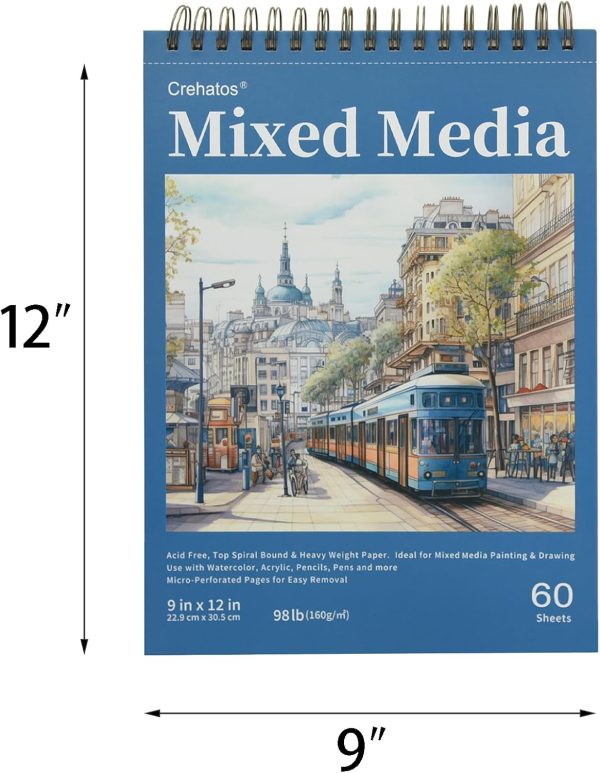 Crehatos Mixed Media Sketchbook 9" x 12", Top Spiral Bound Sketch Pad, 60 Sheets 98lb/160gsm Drawing Paper for Wet and Dry Media, 1 Pack - Image 5